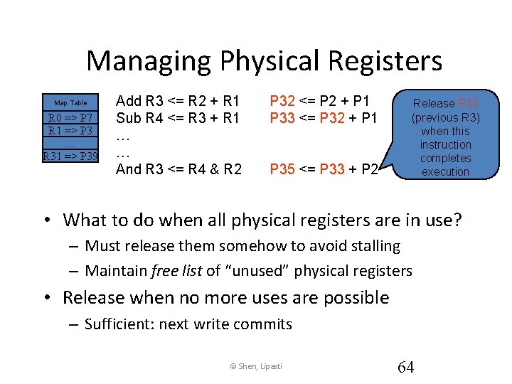 Managing Physical Registers Map Table R 0 => P 7 R 1 => P