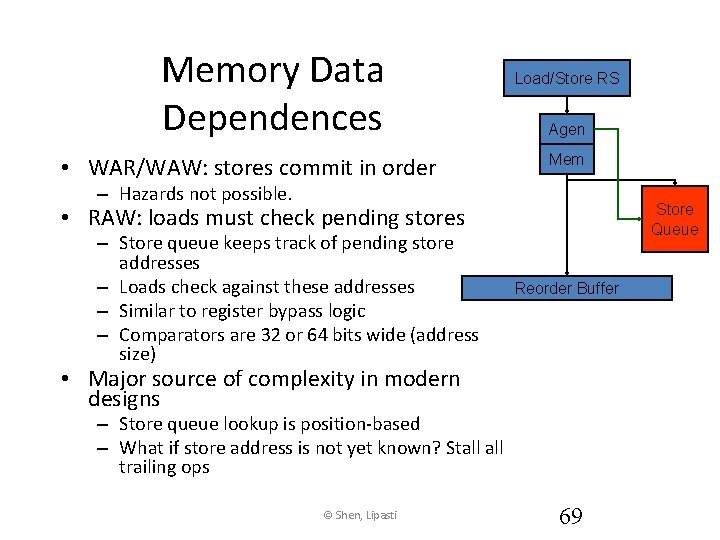 Memory Data Dependences • WAR/WAW: stores commit in order Load/Store RS Agen Mem –