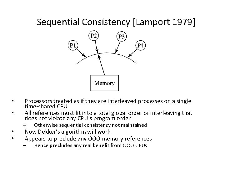 Sequential Consistency [Lamport 1979] • • Processors treated as if they are interleaved processes