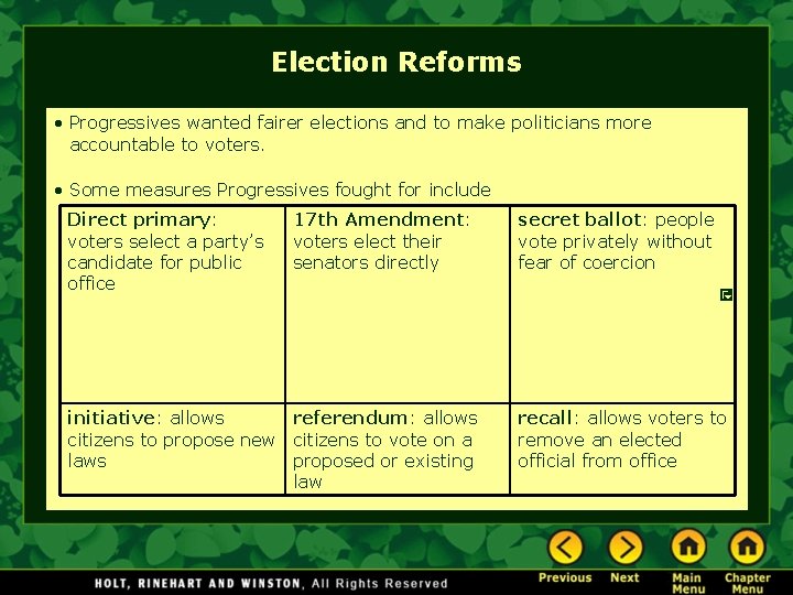 Election Reforms • Progressives wanted fairer elections and to make politicians more accountable to