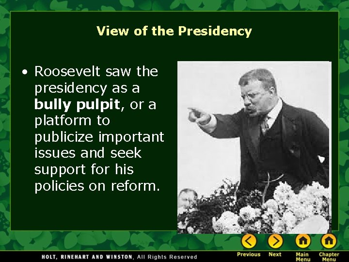 View of the Presidency • Roosevelt saw the presidency as a bully pulpit, or