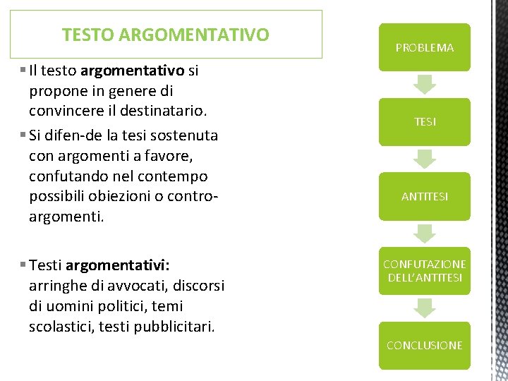 TESTO ARGOMENTATIVO § Il testo argomentativo si propone in genere di convincere il destinatario.