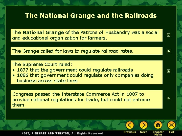 The National Grange and the Railroads The National Grange of the Patrons of Husbandry