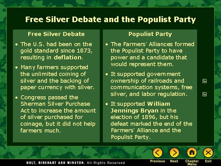 Free Silver Debate and the Populist Party Free Silver Debate • The U. S.