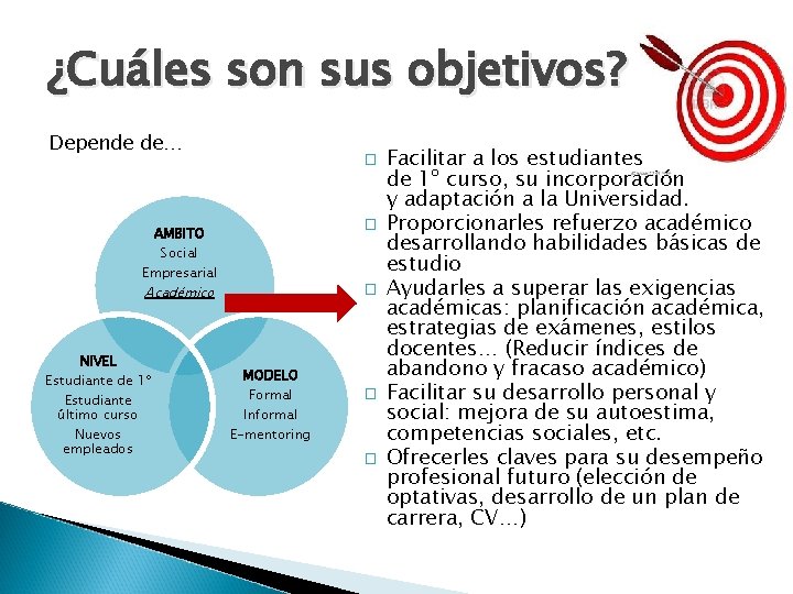 ¿Cuáles son sus objetivos? Depende de… � AMBITO � Académico � Social Empresarial NIVEL