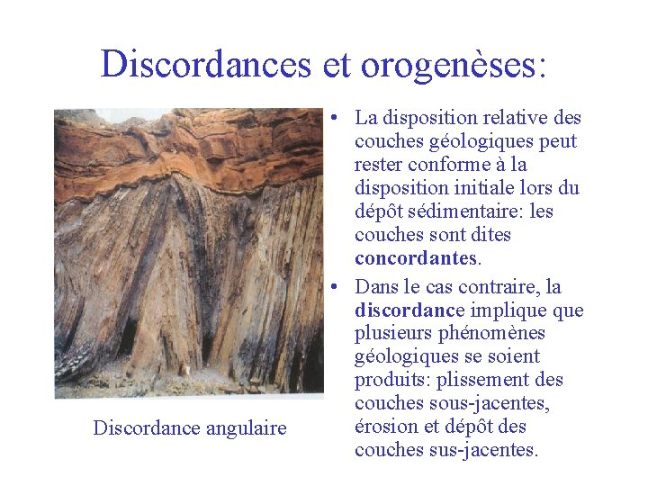 Discordances et orogenèses: Discordance angulaire • La disposition relative des couches géologiques peut rester