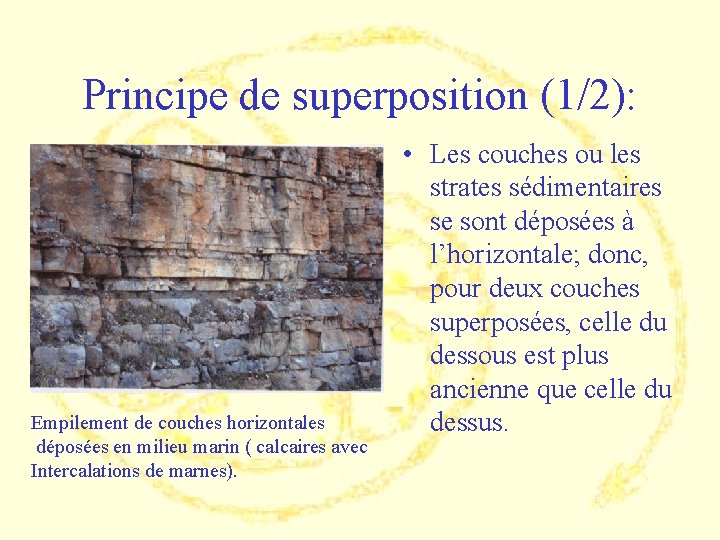Principe de superposition (1/2): Empilement de couches horizontales déposées en milieu marin ( calcaires