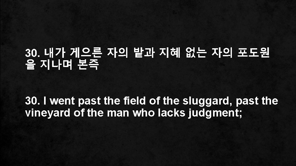 30. 내가 게으른 자의 밭과 지혜 없는 자의 포도원 을 지나며 본즉 30. I