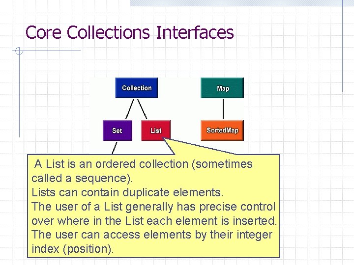 Core Collections Interfaces A List is an ordered collection (sometimes called a sequence). Lists