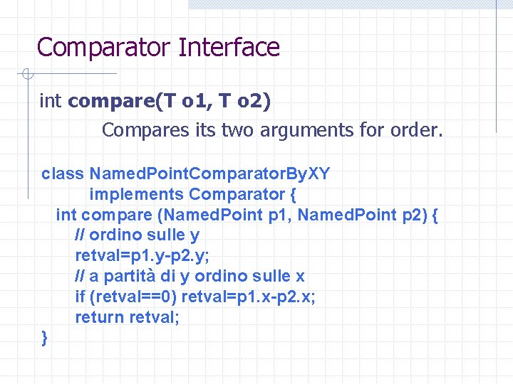 Comparator Interface int compare(T o 1, T o 2) Compares its two arguments for