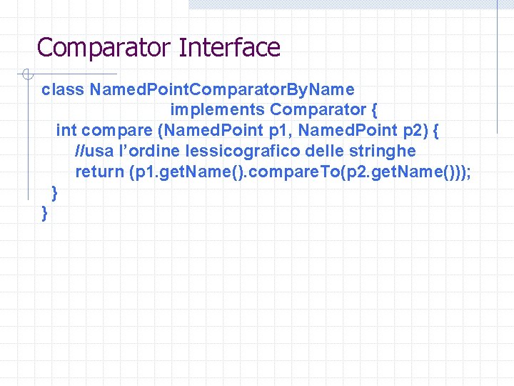 Comparator Interface class Named. Point. Comparator. By. Name implements Comparator { int compare (Named.
