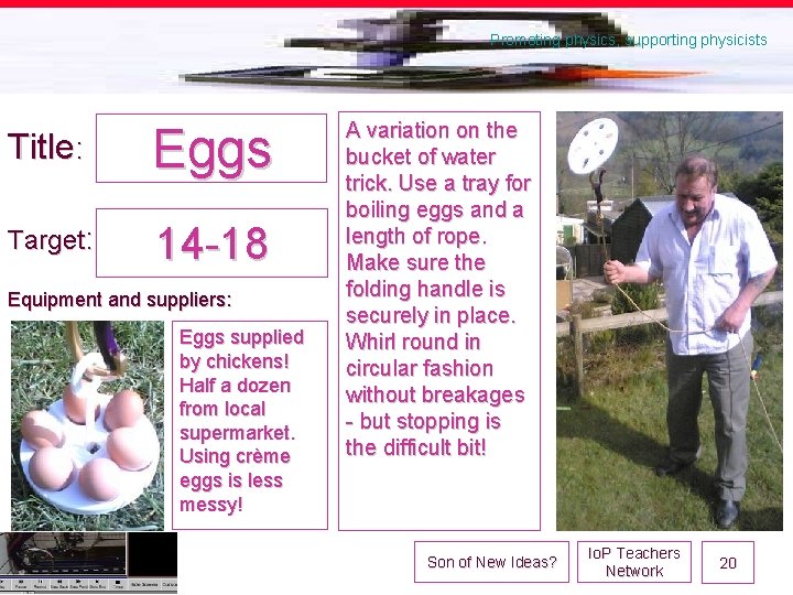 Promoting physics, supporting physicists Title: Eggs Target: 14 -18 Equipment and suppliers: Eggs supplied