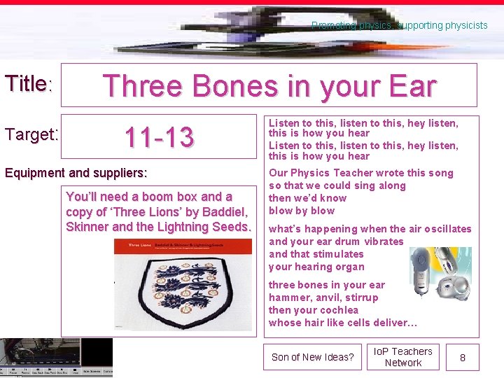 Promoting physics, supporting physicists Title: Target: Three Bones in your Ear 11 -13 Equipment