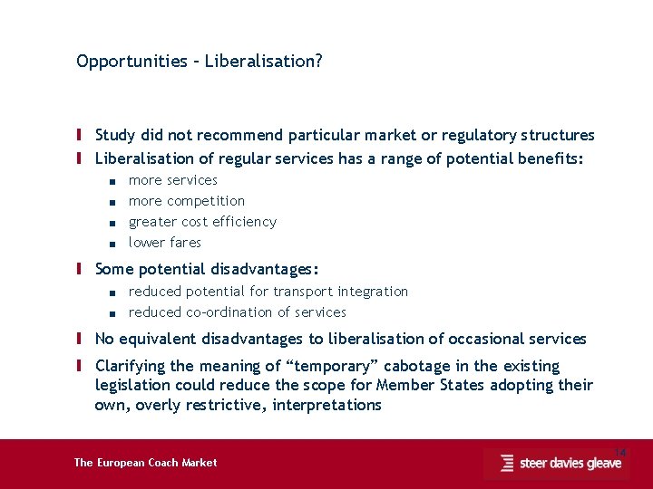 Opportunities – Liberalisation? Ι Study did not recommend particular market or regulatory structures Ι
