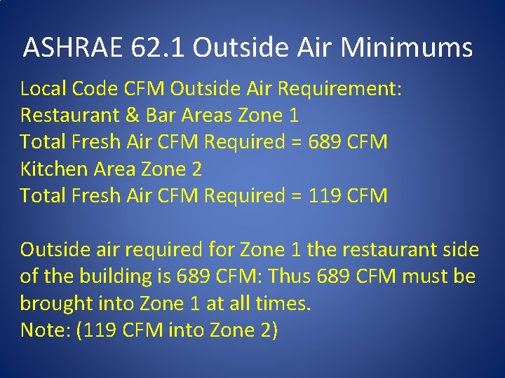 ASHRAE 62. 1 Outside Air Minimums Local Code CFM Outside Air Requirement: Restaurant &