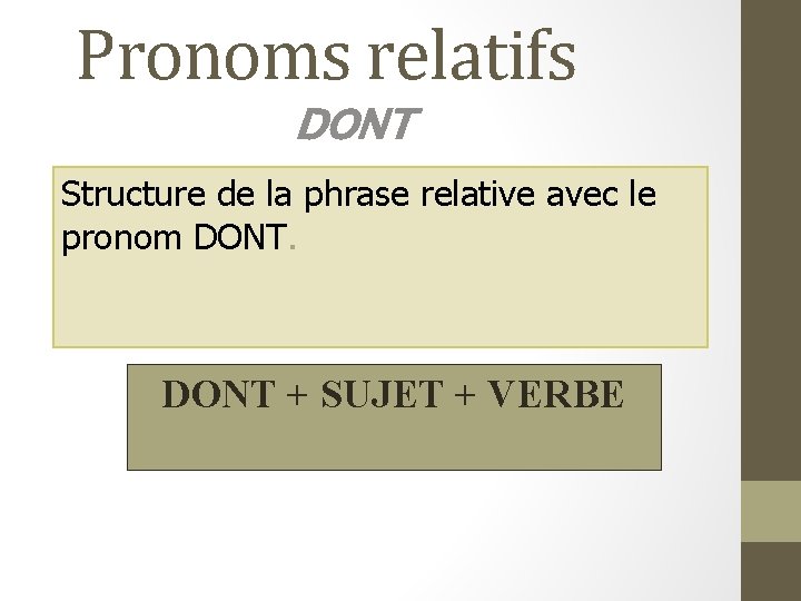 Pronoms relatifs DONT Structure de la phrase relative avec le pronom DONT + SUJET