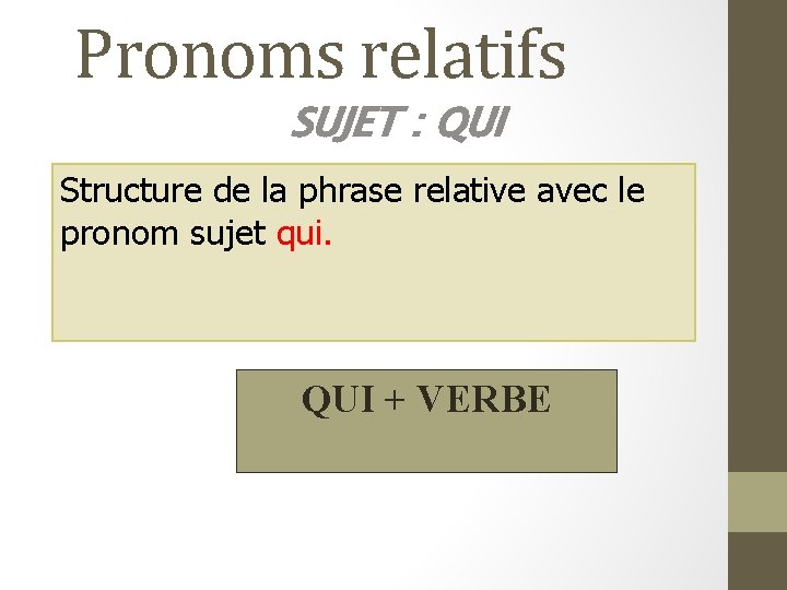 Pronoms relatifs SUJET : QUI Structure de la phrase relative avec le pronom sujet