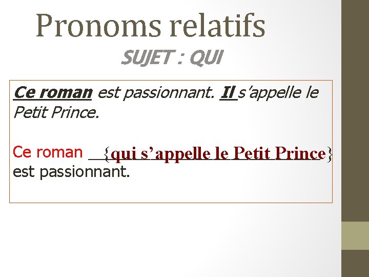 Pronoms relatifs SUJET : QUI Ce roman est passionnant. Il s’appelle le Petit Prince.