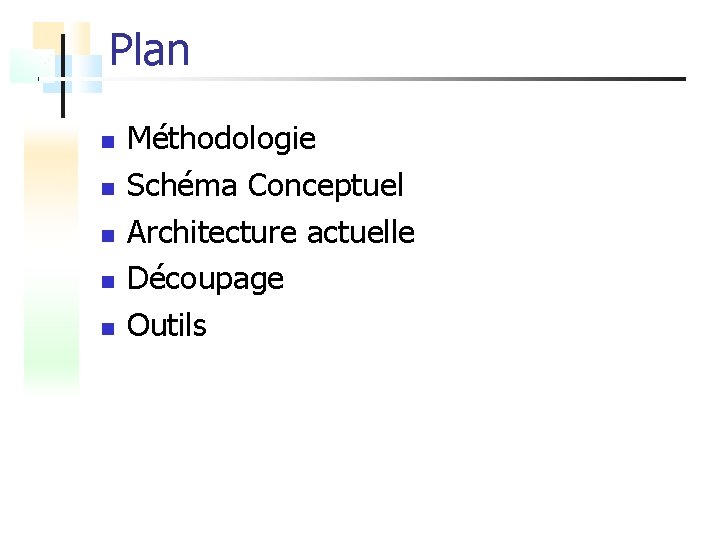 Plan Méthodologie Schéma Conceptuel Architecture actuelle Découpage Outils 