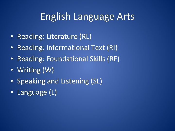 English Language Arts • • • Reading: Literature (RL) Reading: Informational Text (RI) Reading: