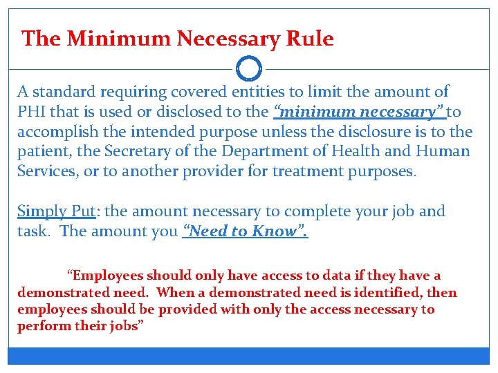 The Minimum Necessary Rule A standard requiring covered entities to limit the amount of