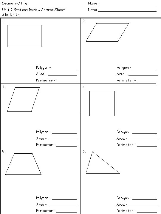 Geometry/Trig Name: _____________ Unit 9 Stations Review Answer Sheet Station 1 - Date: _____________