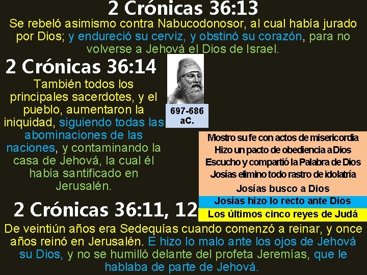 2 Crónicas 36: 13 Se rebeló asimismo contra Nabucodonosor, al cual había jurado por