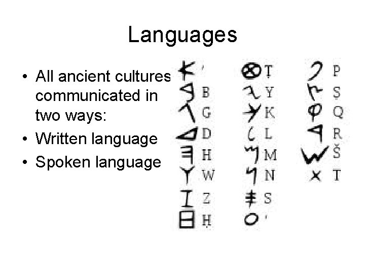 Languages • All ancient cultures communicated in two ways: • Written language • Spoken