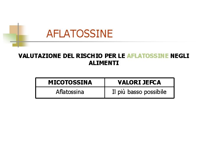 AFLATOSSINE VALUTAZIONE DEL RISCHIO PER LE AFLATOSSINE NEGLI ALIMENTI MICOTOSSINA VALORI JEFCA Aflatossina Il