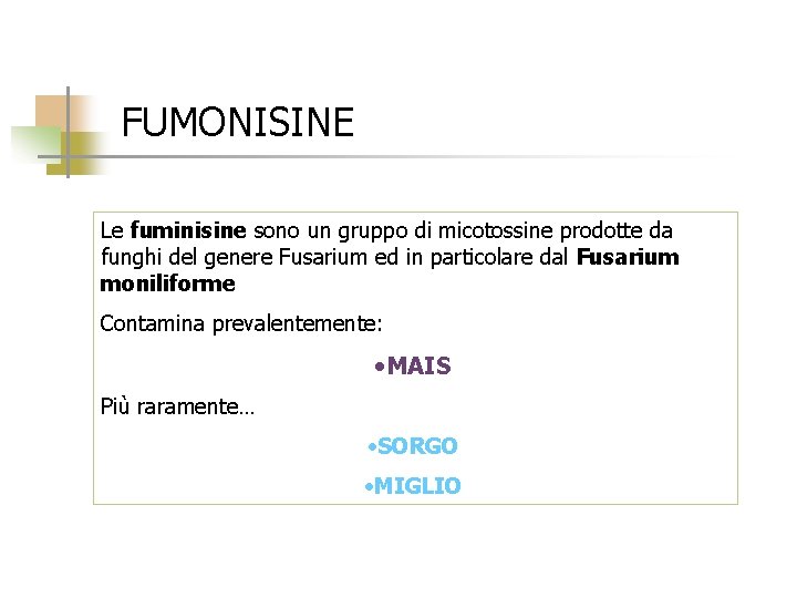 FUMONISINE Le fuminisine sono un gruppo di micotossine prodotte da funghi del genere Fusarium