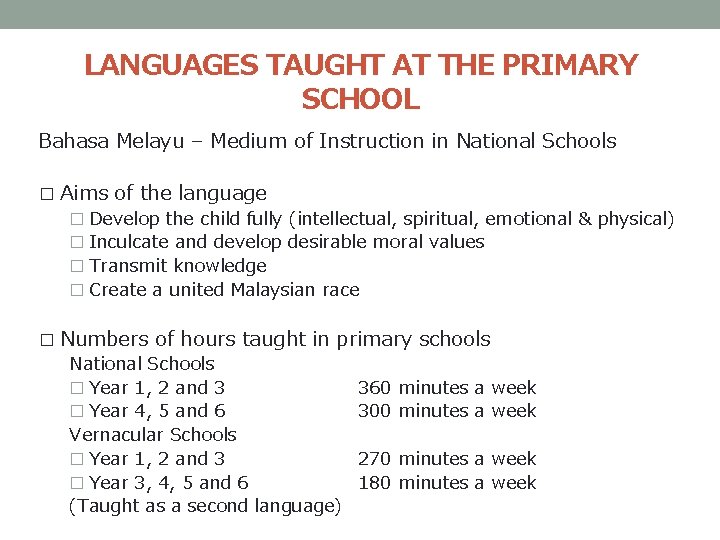 LANGUAGES TAUGHT AT THE PRIMARY SCHOOL Bahasa Melayu – Medium of Instruction in National
