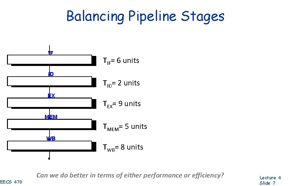 Balancing Pipeline Stages IF TIF= 6 units ID TID= 2 units EX TEX= 9