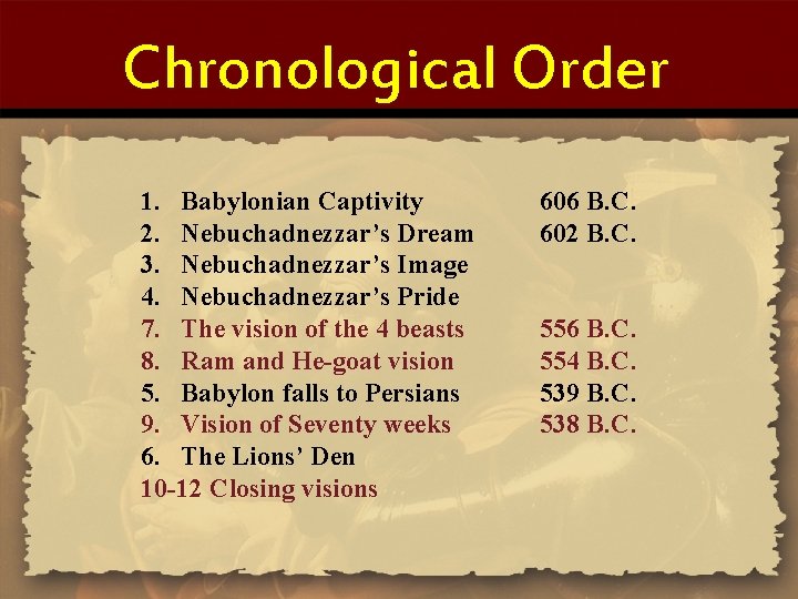 Chronological Order 1. Babylonian Captivity 2. Nebuchadnezzar’s Dream 3. Nebuchadnezzar’s Image 4. Nebuchadnezzar’s Pride