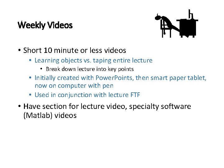 Weekly Videos • Short 10 minute or less videos • Learning objects vs. taping