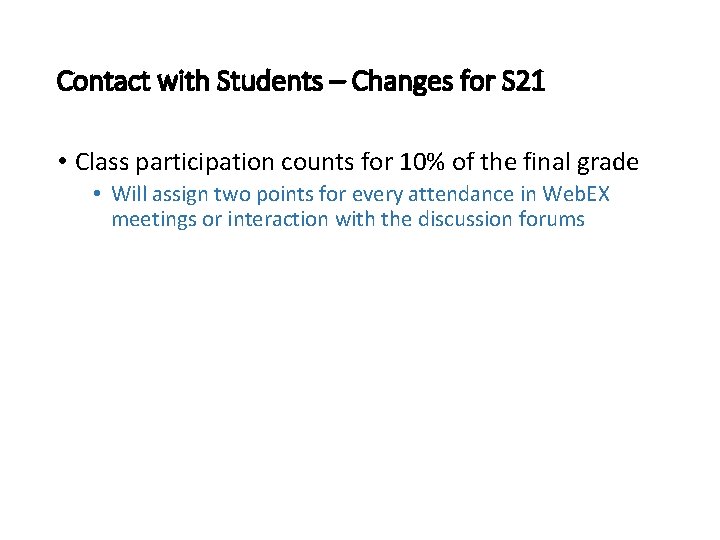 Contact with Students – Changes for S 21 • Class participation counts for 10%