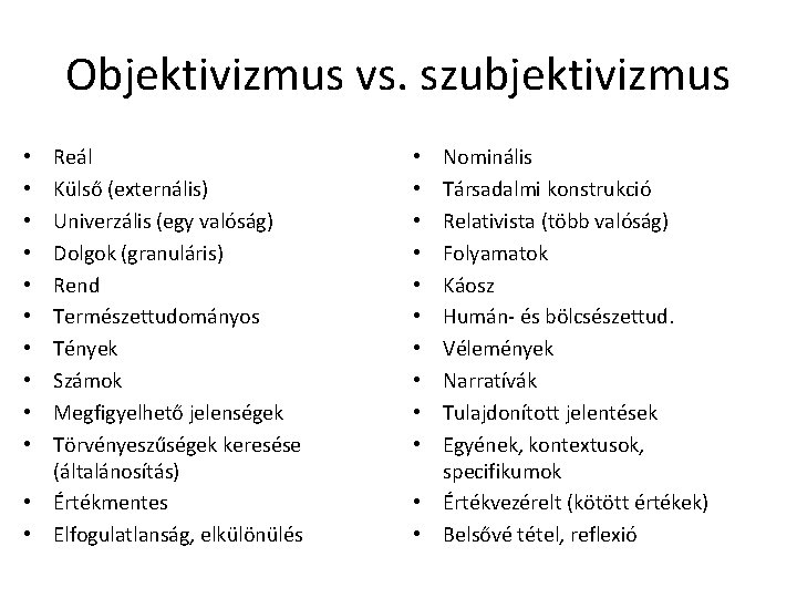 Objektivizmus vs. szubjektivizmus Reál Külső (externális) Univerzális (egy valóság) Dolgok (granuláris) Rend Természettudományos Tények