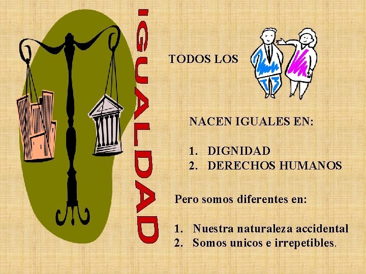 TODOS LOS NACEN IGUALES EN: 1. DIGNIDAD 2. DERECHOS HUMANOS Pero somos diferentes en: