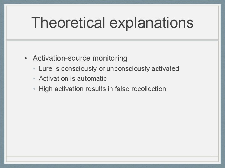 Theoretical explanations • Activation-source monitoring • Lure is consciously or unconsciously activated • Activation