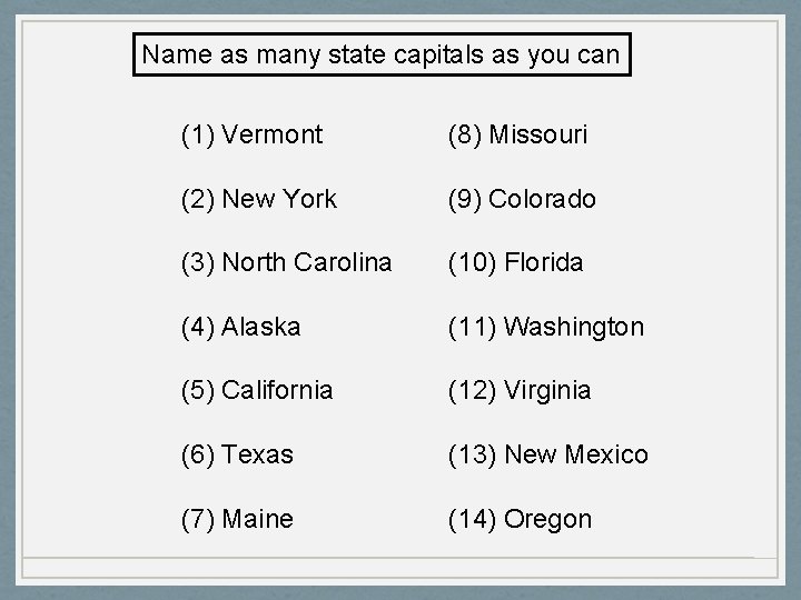 Name as many state capitals as you can (1) Vermont (8) Missouri (2) New