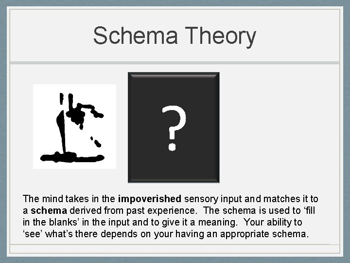 Schema Theory ? The mind takes in the impoverished sensory input and matches it