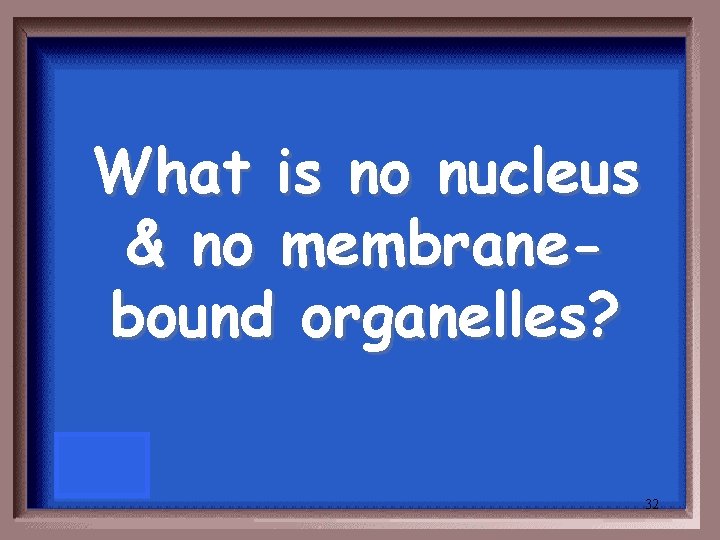 What is no nucleus & no membranebound organelles? 32 