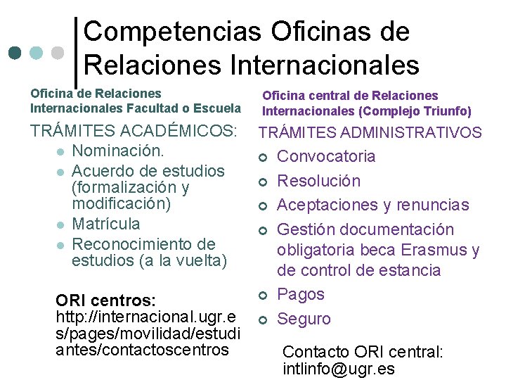 Competencias Oficinas de Relaciones Internacionales Oficina de Relaciones Internacionales Facultad o Escuela Oficina central