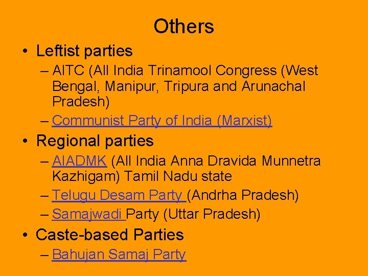 Others • Leftist parties – AITC (All India Trinamool Congress (West Bengal, Manipur, Tripura