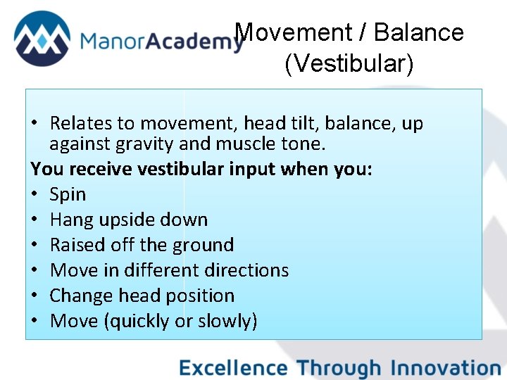 Movement / Balance (Vestibular) • Relates to movement, head tilt, balance, up against gravity