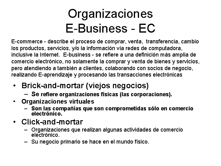 Organizaciones E-Business - EC E-commerce - describe el proceso de comprar, venta, transferencia, cambio