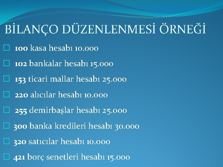 BİLANÇO DÜZENLENMESİ ÖRNEĞİ � 100 kasa hesabı 10. 000 � 102 bankalar hesabı 15.