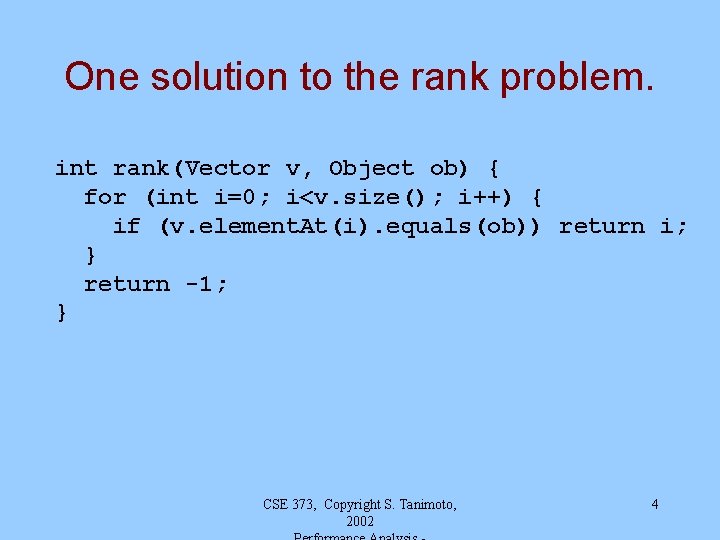 One solution to the rank problem. int rank(Vector v, Object ob) { for (int
