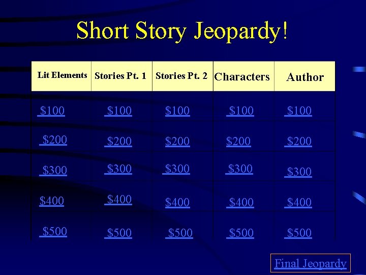 Short Story Jeopardy! Lit Elements Stories Pt. 1 Stories Pt. 2 Characters Author $100