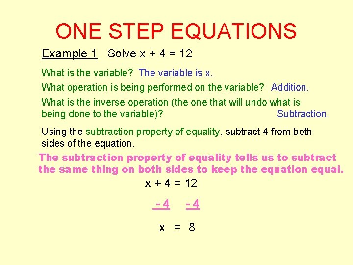 ONE STEP EQUATIONS Example 1 Solve x + 4 = 12 What is the