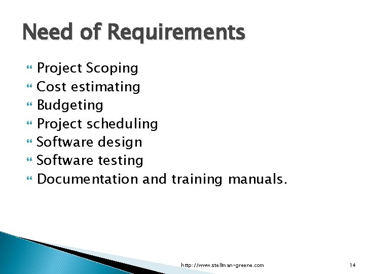 Applied Software Project Management Need of Requirements Project Scoping Cost estimating Budgeting Project scheduling